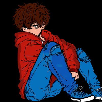 a male hoddie ripped jeans messy hair anime