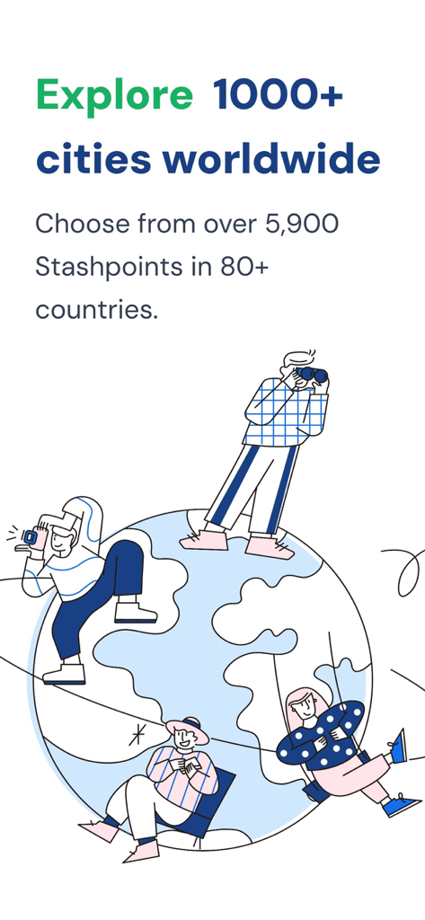 Stasher Luggage Storage - 1000개 이상의 도시와 5900개의 수하물 보관 장소로 구성된 글로벌 네트워크를 보여주는 Stasher 앱 화면