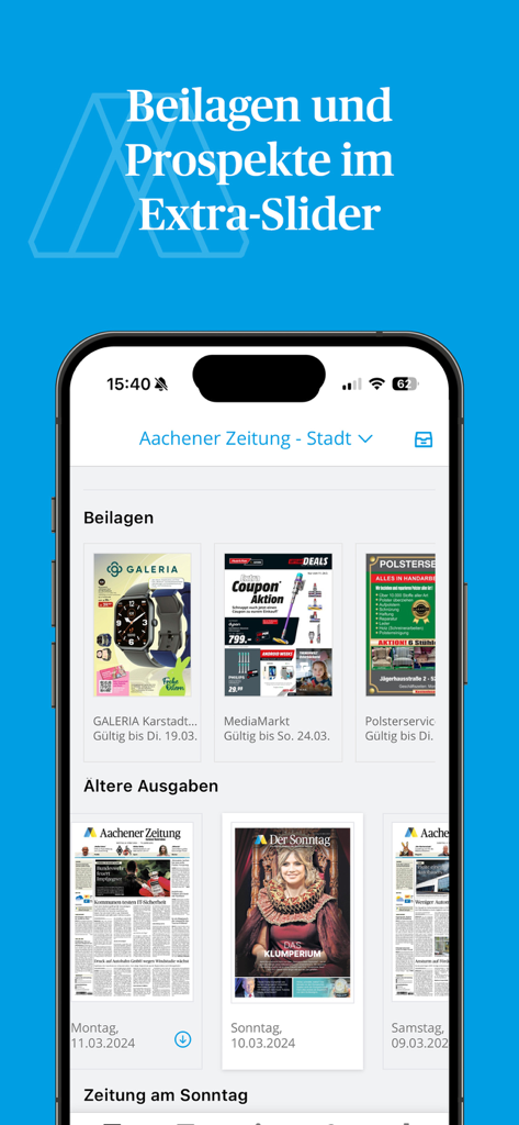 Aachener Zeitung E-Paper App-Oberfläche mit Beilagen-Broschüren und älteren Zeitungsausgaben