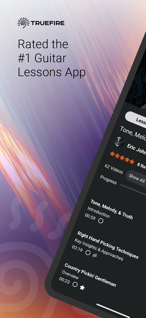 Interfaz de la aplicación TrueFire Guitar Lessons que muestra su estatus como la aplicación de lecciones de guitarra número uno con varias categorías de cursos.