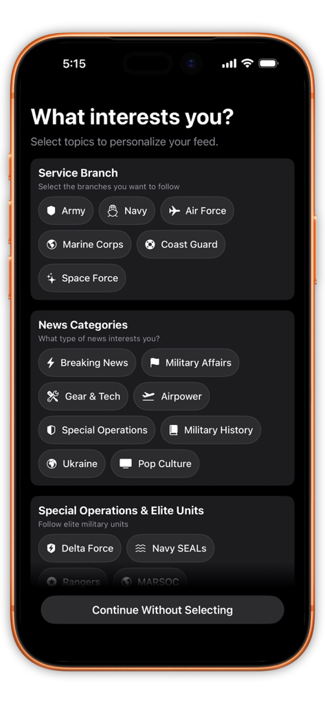 Sandboxx News - Interface of the Sandboxx News app showing options to personalize the news feed by selecting military branches and defense topics.