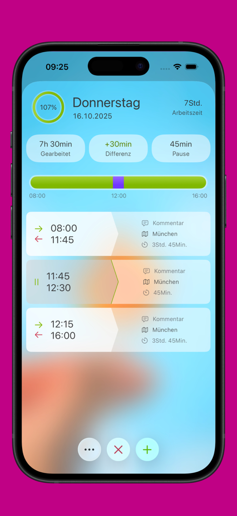 Automatic Time Clock - iPhone interface of the Automatic Time Clock app showing a daily summary of work hours breaks and overtime tracking