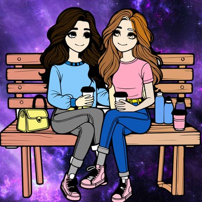 two realistic girls sitting together on a bench with coffee
