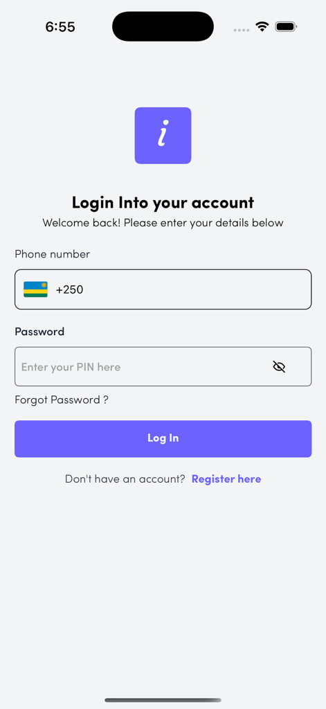 Ikofi - Anmeldebildschirm der Ikofi-Finanz-App mit Feldern für Telefonnummer und PIN-Eingabe sowie einem ruandischen Flaggen-Symbol.