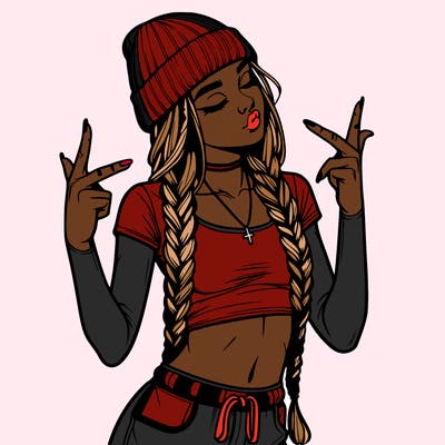 realistic teenage girl with braids and a beanie and crop top doing 🫶🏼