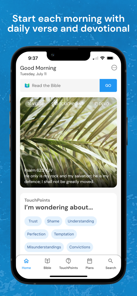 Home screen of the King James Bible app featuring a daily verse and devotional touchpoints