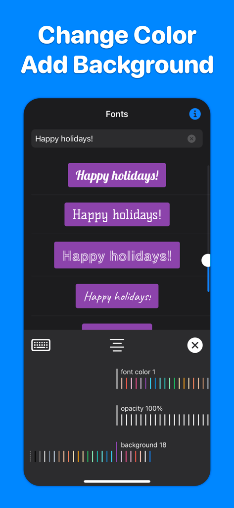 Fonts for Stories & Chats - Interfaz que muestra opciones para cambiar colores de fuente y añadir estilos de fondo para texto en redes sociales