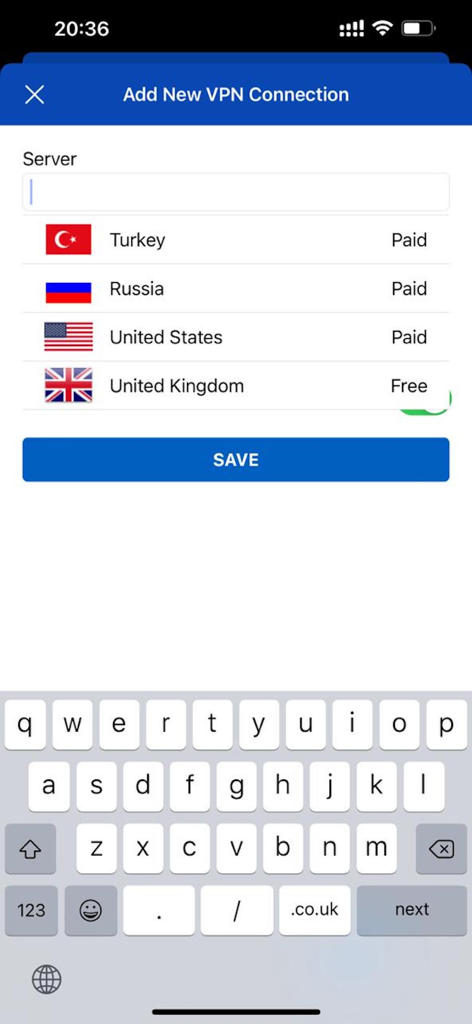 Interfaz de la aplicación VPN IKEv2 mostrando la pantalla Añadir Nueva Conexión VPN con una lista de servidores de países