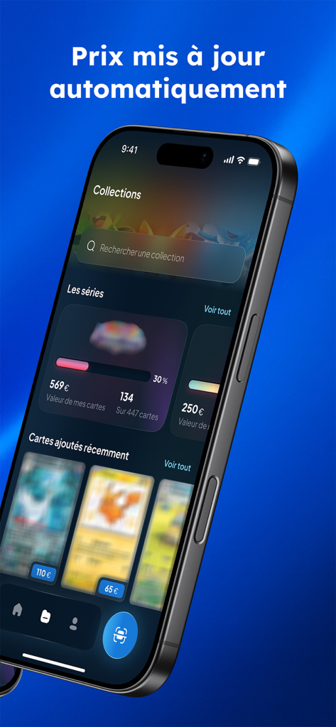 Cardzia - Scan & valeur TCG - Cardzia app interface showing Pokemon card collection value and automatic price updates