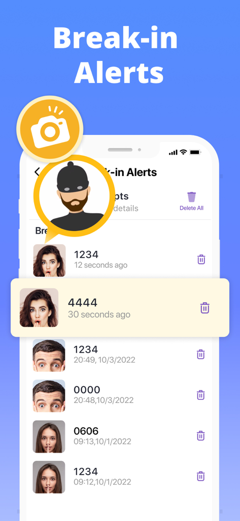 Interface showing break-in alerts with photos and timestamps of unauthorized access attempts