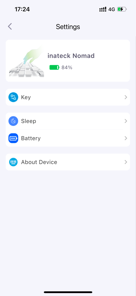inateck Origin - Tela de configurações para o dispositivo inateck Nomad mostrando o status da bateria e opções de personalização para teclas e modo de suspensão