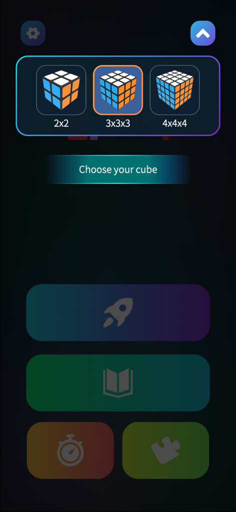 Puzzle School app interface showing selection options for 2x2, 3x3x3, and 4x4x4 cubes