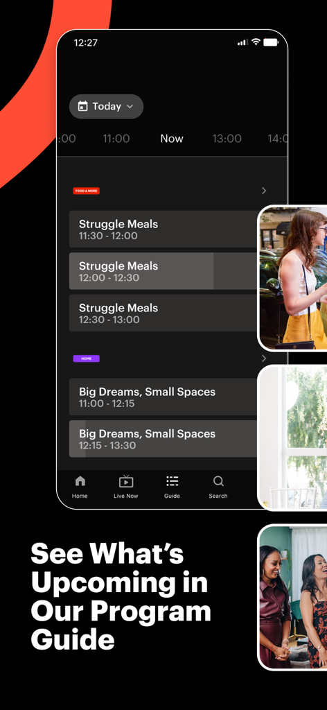 Tastemade: Stream Shows & Docs - Tastemade app program guide showing the schedule for shows like Struggle Meals and Big Dreams Small Spaces.