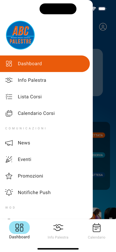 Menú de navegación lateral de la aplicación móvil ABC Palestre que muestra opciones de información del gimnasio, horario de clases y promociones.