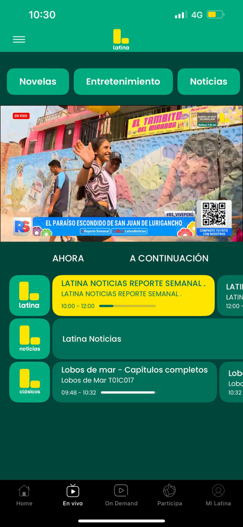 Latina - Interfaz de la app Latina TV con transmisión en vivo desde Perú, mostrando categorías de noticias y entretenimiento