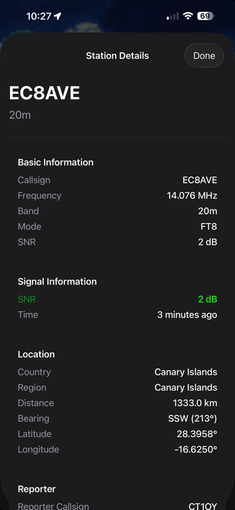 PSKReporter Client - Mobile app screen showing amateur radio station details for callsign EC8AVE including signal strength frequency and location