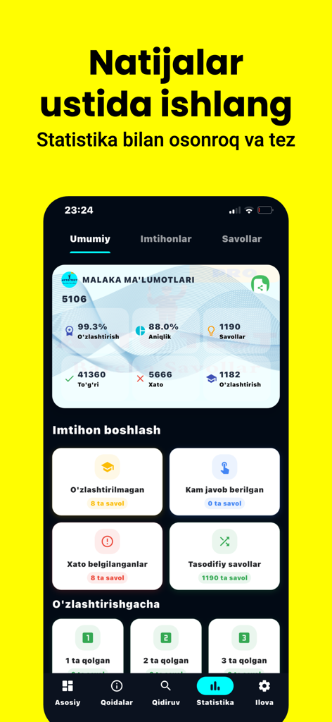 Avto Test PRO - Avto Test PRO app dashboard displaying driving test statistics and practice categories