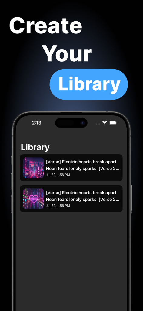 TuneLab AI: Song Generator - Screenshot of TuneLab AI app showing a song library with custom AI generated album covers and song lyrics.