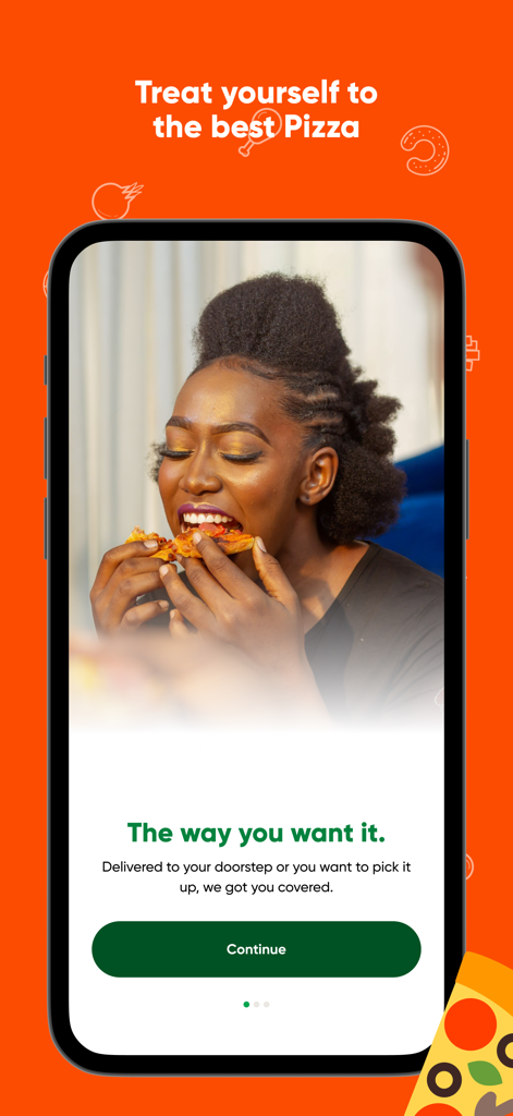 Pizza Jungle - Pizza Jungle app welcome screen showing a woman eating a pizza slice