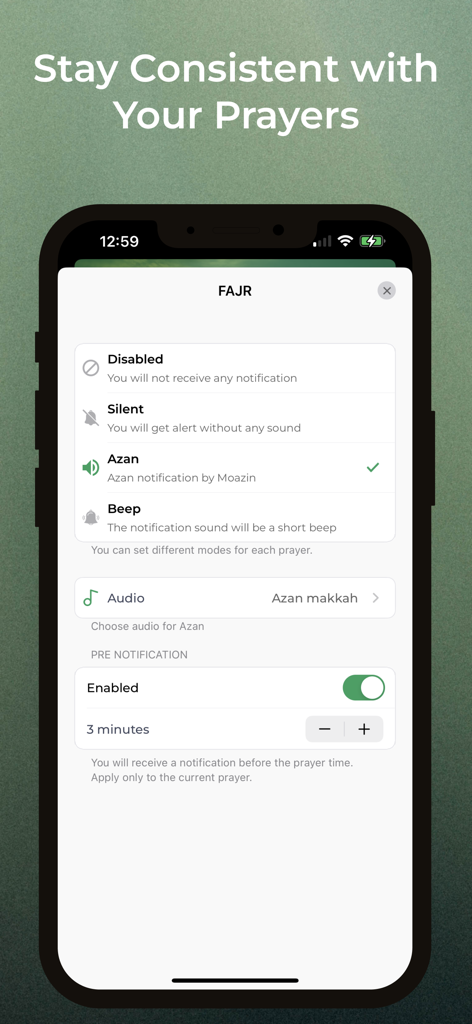 Interface of the Azan app showing customizable notification options for the Fajr prayer on an iPhone.