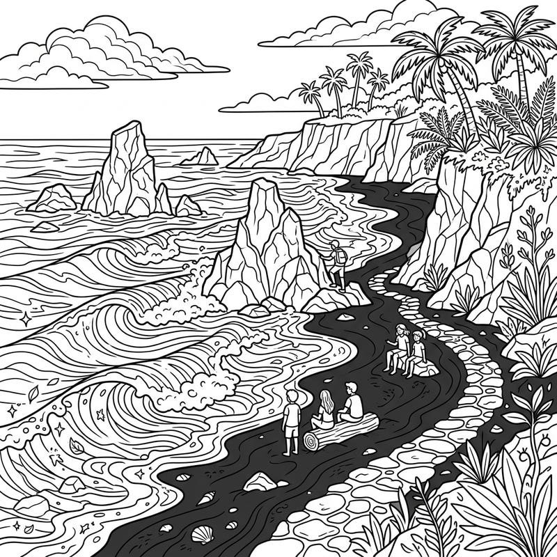 Embark on an artistic journey to a mesmerizing black sand beach with this intricate coloring template, designed specifically to captivate teen imaginations. Discover a world of powerful waves, unique rock formations, and lush tropical vibes awaiting your personal touch.