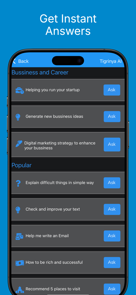 Tigrinya AI app interface displaying chat categories for business career and popular questions with ask buttons