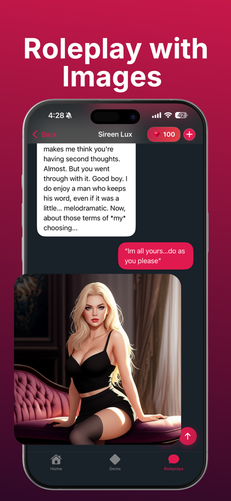 Spicy Chat mobile app interface showing a roleplay chat with an AI character and a generated image.