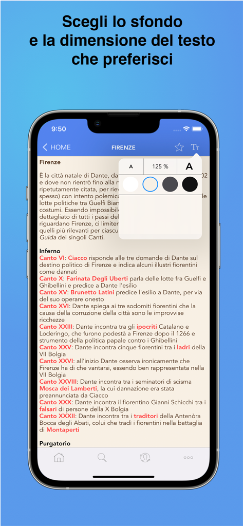 Divina Commedia - Interface of the Divina Commedia app showing background color and text size customization options for reading Dante's work.