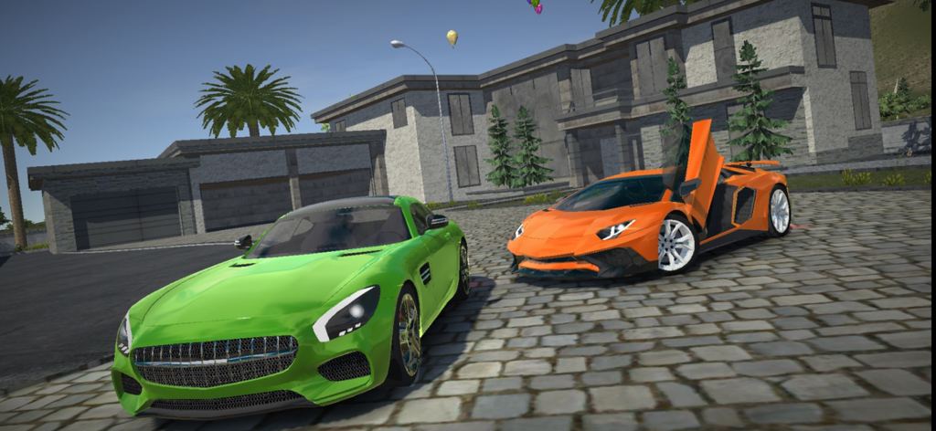 European Luxury Cars - A lime green Mercedes AMG GT and an orange Lamborghini Aventador parked in front of a modern luxury mansion