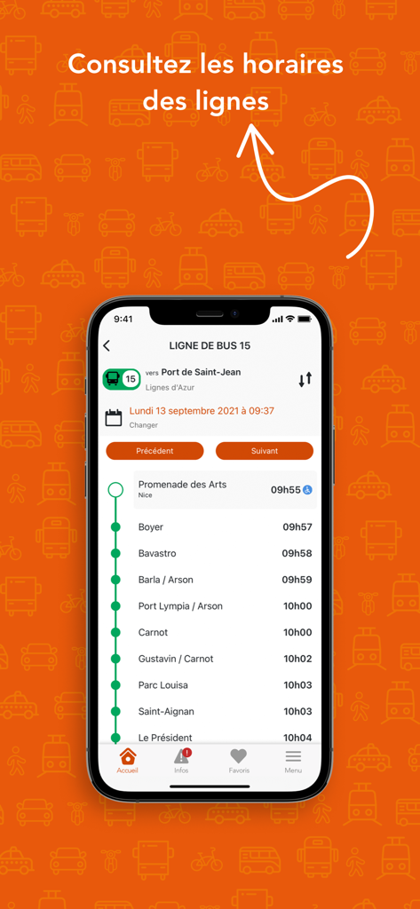 Lignes d’Azur Mobile - Interface de l'application Lignes d’Azur Mobile montrant l'horaire en temps réel de la ligne de bus 15 à Nice