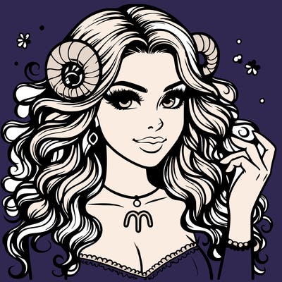 pretty and realistic portrait of an aries woman with long and curly hair with a big aries symbol necklace