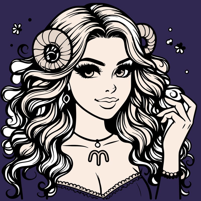 pretty and realistic portrait of an aries woman with long and curly hair with a big aries symbol necklace