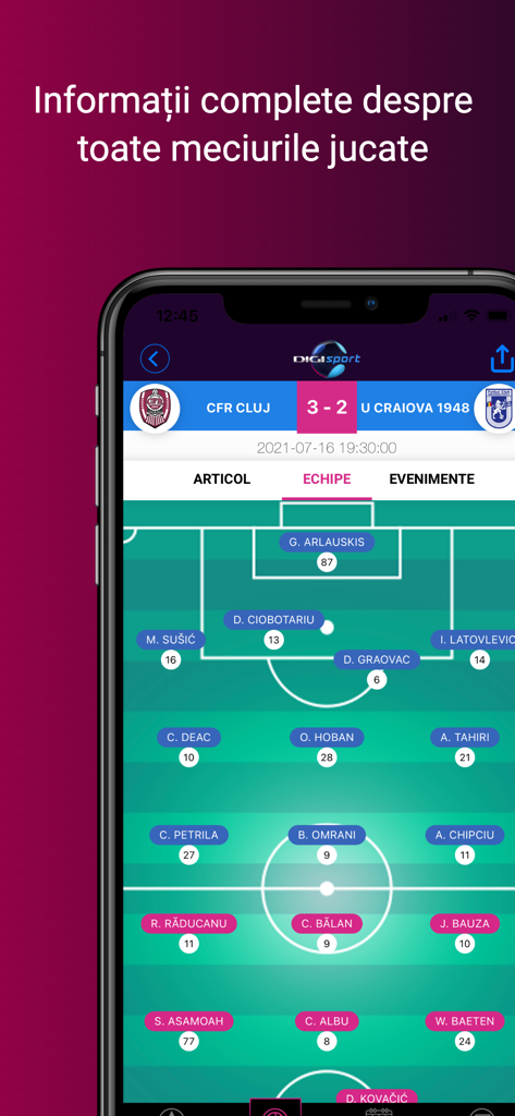 DigiSport - Screenshot dell'app DigiSport che mostra la formazione di una squadra di calcio su un campo virtuale per una partita tra CFR Cluj e U Craiova 1948