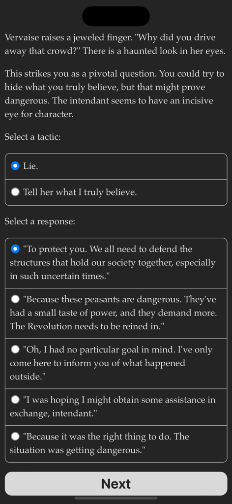 Revolution Diabolique - Uma captura de tela do jogo Revolution Diabolique mostrando opções interativas de história baseada em texto e opções de diálogo.