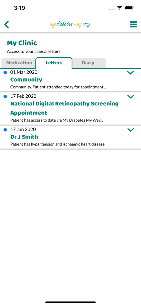 The My Clinic section of the My Diabetes My Way app displaying a list of medical letters