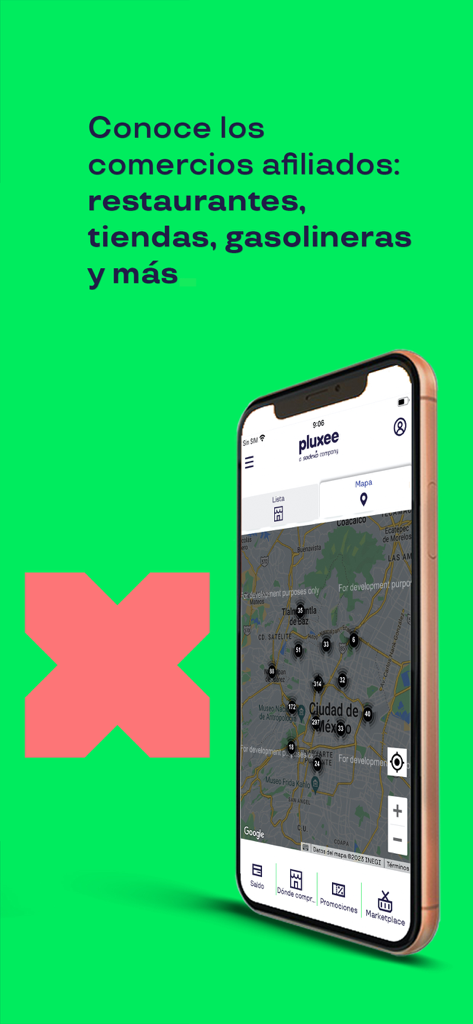 App Pluxee che mostra una mappa di ristoranti e negozi affiliati a Città del Messico
