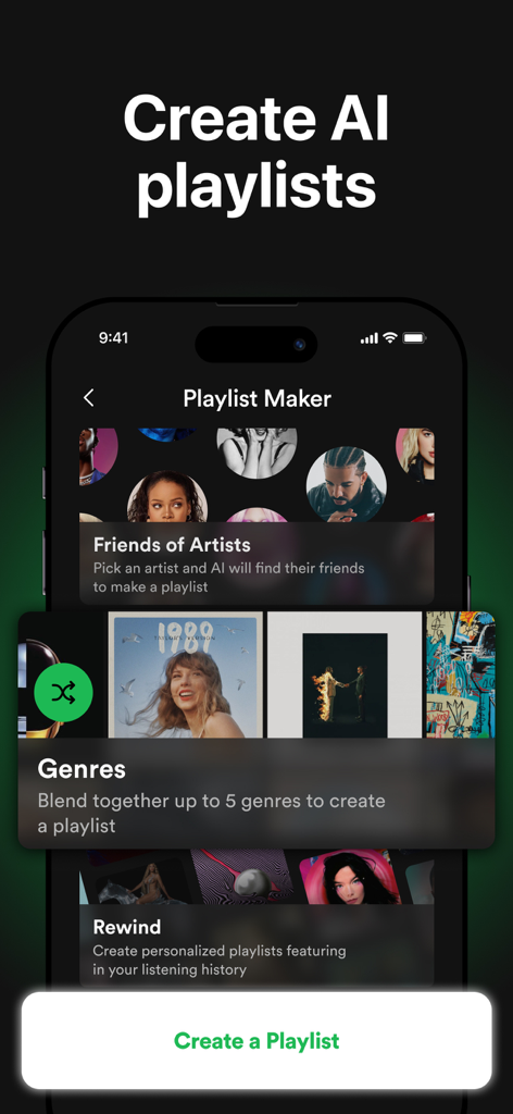 must fm app screen showing the AI playlist maker tool with options to blend genres and artists
