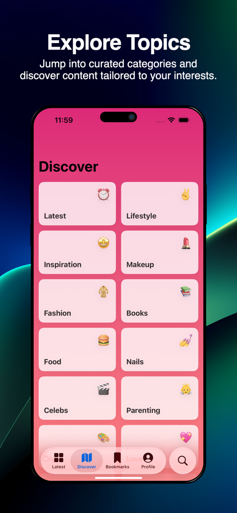 Allwomenstalk - The Discover screen of the Allwomenstalk app showing curated categories like Fashion Makeup and Parenting