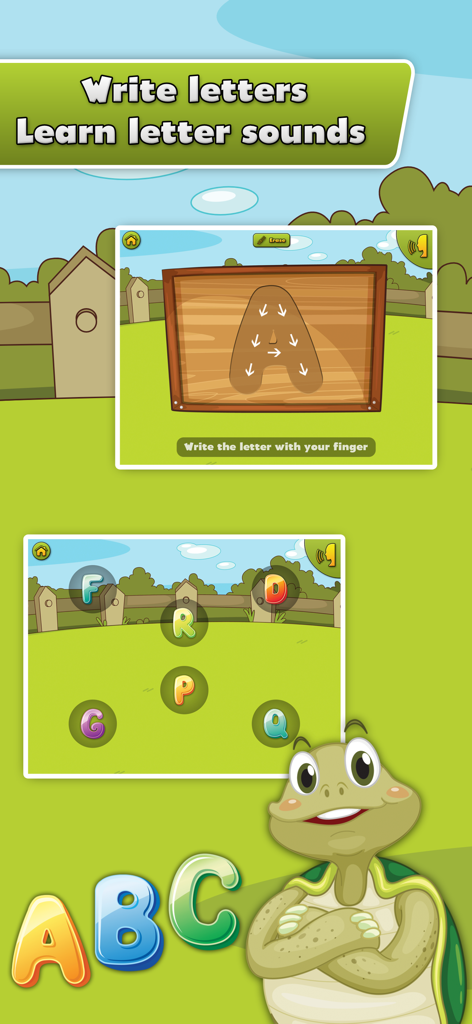 ABC Kids Alphabet Games - Interfaz de la aplicación ABC Kids Juegos de Alfabeto mostrando actividades de caligrafía de letras y fonética