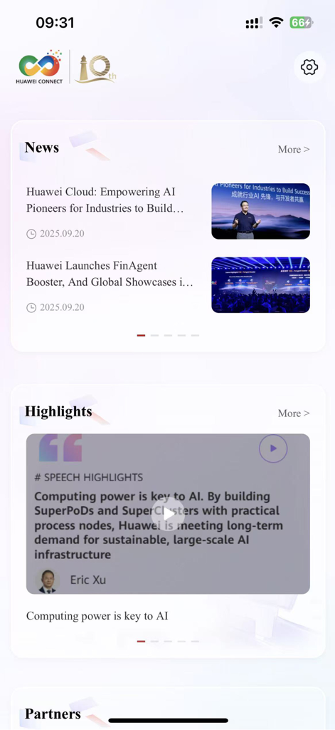 Huawei Connect - Huawei Connect app home screen featuring news and speech highlights about AI and cloud technology