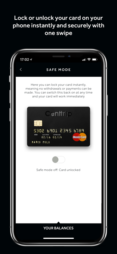 Centtrip - Centtrip app safe mode screen showing the option to lock or unlock a travel card with a swipe