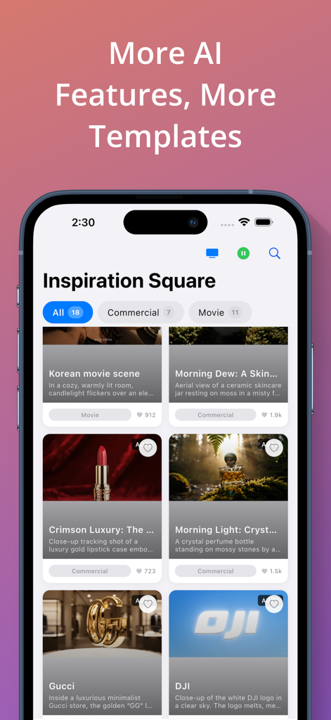 GenAI Studio: AI Video Gen - Tela do aplicativo GenAI Studio mostrando modelos de vídeo cinematográficos de IA na Praça de Inspiração