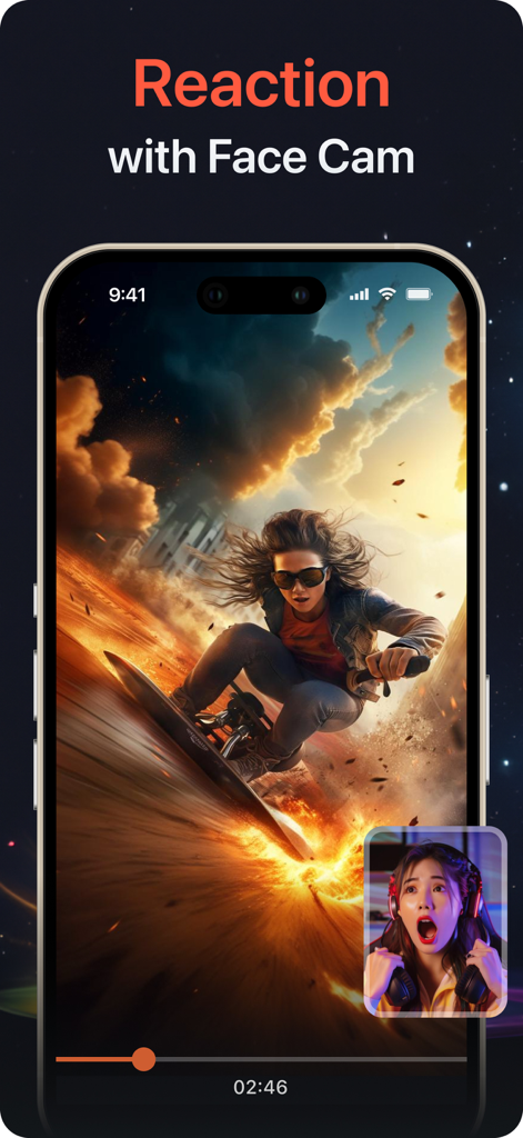 Smartphone screen showing the screen recording feature with a face cam reaction overlay