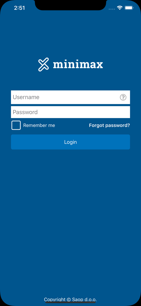 Minimax Accounting app login screen with username and password input fields