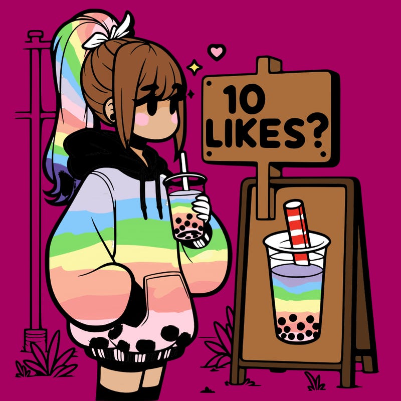 girl with oversized hoodie drinking boba and she has a high ponytail with a sign that says 10likes?