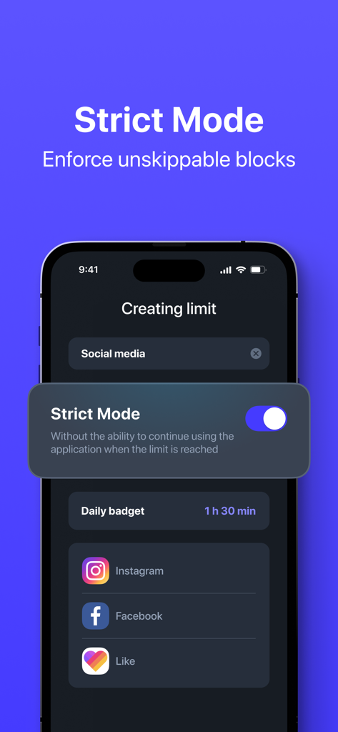 ANKO app screen showing Strict Mode to enforce unskippable screen time limits