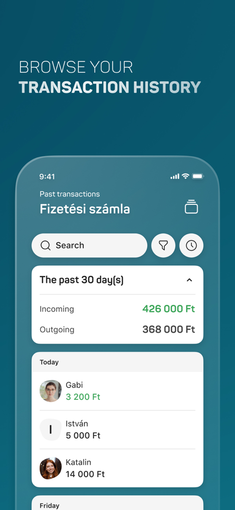 Transaction history screen of the MBH Bank App showing recent payments and account summary.