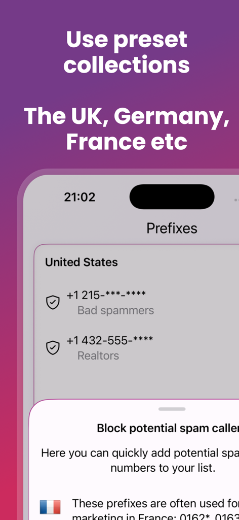 WideProtect Spam Call Blocker - WideProtect app interface showing preset international phone prefix collections for blocking spam calls