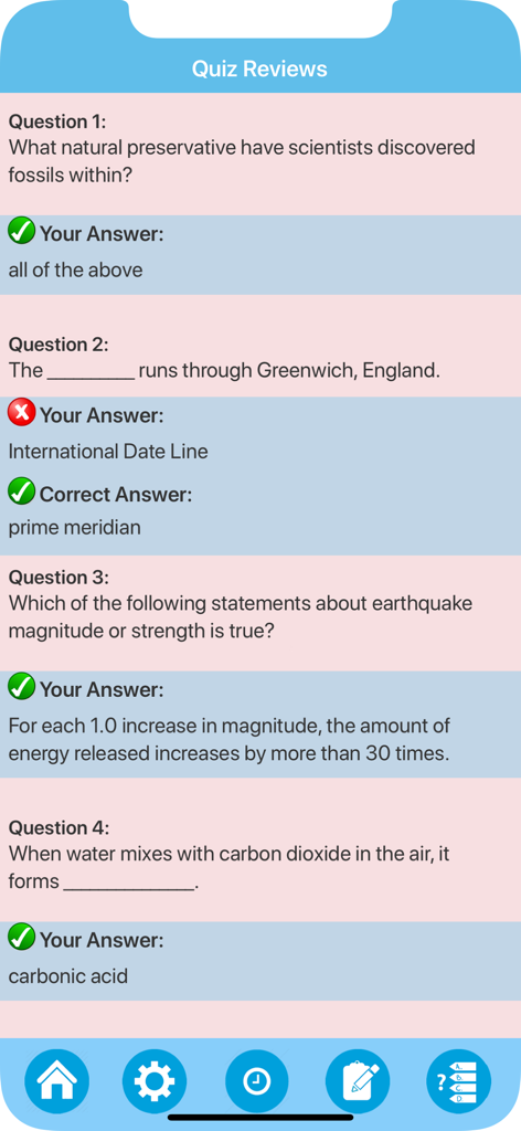 A quiz review screen in the Learning Earth Science app showing questions and correct answers for students