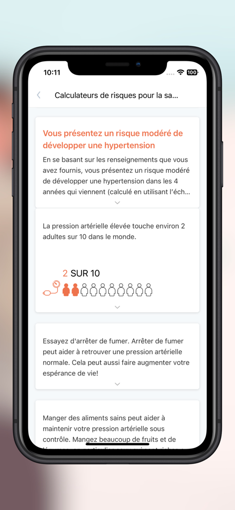 B-neXt CARE app interface showing hypertension risk calculation and healthy lifestyle recommendations